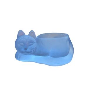 Vintage frosted light blue glass cat candle holder figurine